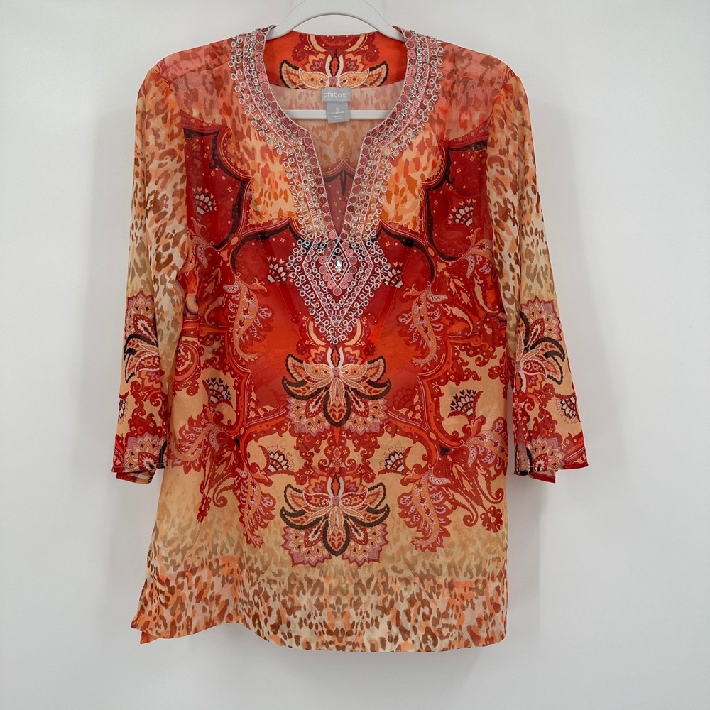Chicos Womens Boho Peasant Top Size 0 US S Resort Maximalist Eclectic Chiffon